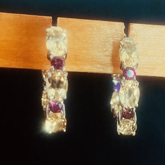 Brazilian Citrine and Rhodolite Garnet Art Deco Hoop Earrings - Picture 2 of 7